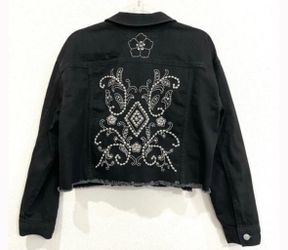 Express Black Denim Jean Jacket w/ Silver Beading & Embroidery & Raw Hem