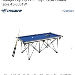 Triumph Sports 6’ Portable Pop Up Folding Pool/Billiard Table with Folding Legs, Instant Assembly and Accessories Included, Blue, 72" (45-6051W)