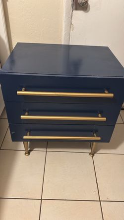 Modern Navy Blue Nightstand 3 Drawers with Gold Handles