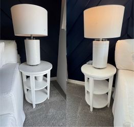 2 white, wood end tables - retail $600 - model home furniture