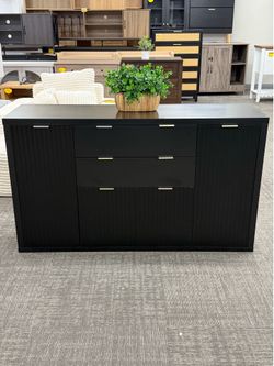 Fully Assembled✨56” Modern Sideboard Cabinet, 2 Spacious Drawers, Adjustable Shelves, Large Hidden Storage, Modern Fluted Door Design, Elegant Gold Ha