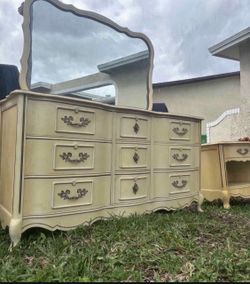 Vintage French Provincial Bedroom Set Dresser With Mirror Upright Chest Nightstand 61”Lx20”Wx33”H Dresser 24”Lx15”Wx24”H Nightstand  34.5”Lx18”Wx47”H 