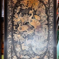 Korean Chinoiserie Black Laquer Screenprint Inlay Low Folding Table