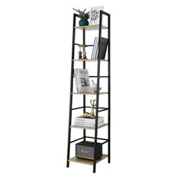 Bookshelf, 5-Tier Narrow Ladder Shelf Bookcase with Metal Frame 