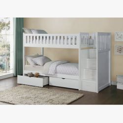 White Homelegance Galen Twin Bunk Bed with Reversible Step Storage Drawer Space