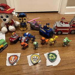 Kids Toy Lot # 5 (Paw Patrol Talking Marshall, Chase Plush, Expanding Firetruck with sounds, Characters, Cars, Badges To Wear) $20 FIRM