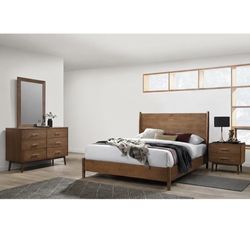 BRAND NEW Mid Century Modern Style Bedroom Set, Queen Platform Bed + Dresser W/ Mirror + Nightstand
