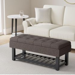 SIMPLIHOME Saxon 43 Inch Wide Transitional Rectangle Storage Ottoman Bench in Fawn Brown Linen Look Fabric, For the Living Room and Bedroom