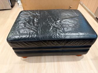 Large Black Leather Ottoman with Wood Feet