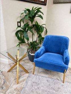 Blue Velvet Accent Chair with Gold Legs