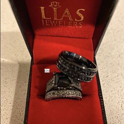 New S925 Black Gunmetal Wedding Ring Set His Hers 