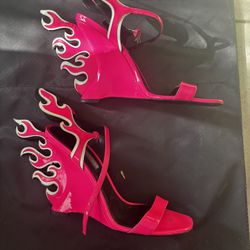 Prada flame wedge heels y2k fire sandals hot Barbie pink shoes patent leather