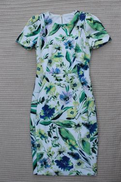 Calvin Klein Floral Midi Sheath Dress White Blue Green Size 2