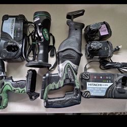 This is a set of Hitachi 18 volt cordless tools: a drill, reciprocating saw, flashlight, two chargers, and two batteries. Price is Firm. 