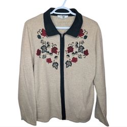 ALIA Zip up Cream Green Leaf Embroidered Sweater Grandma Knit