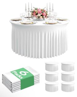 🚨 WEDDING SALE! 6 White Spandex Table Skirts – Save Now! Only $79 🚨