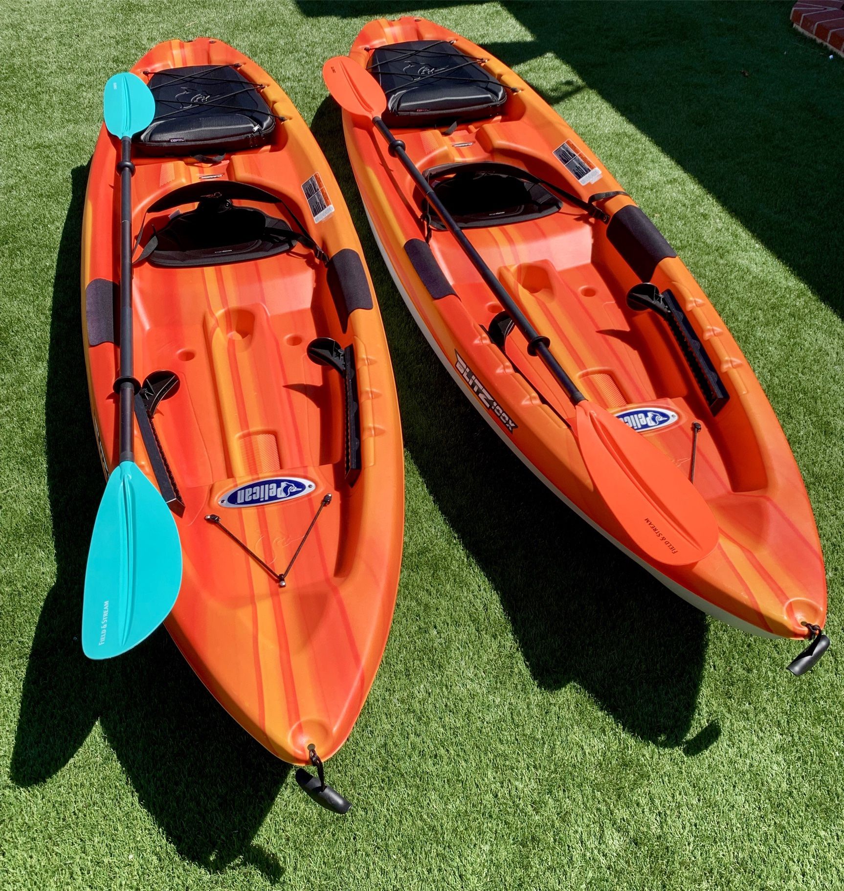 2x 10' PELICAN BLITZ 100X SIT ON TOP KAYAKS WITH F&S CHUTE PADDLES