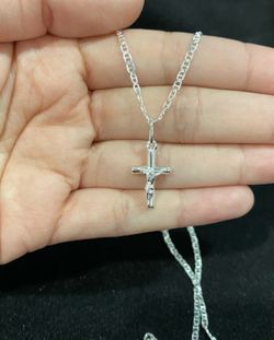 925 Sterling Silver Baby Small Cross Crucifix Charm & Mariner Chain
