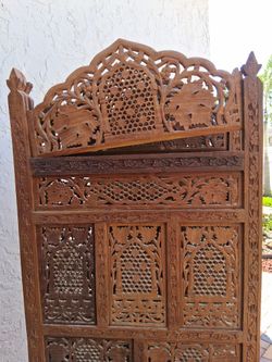 Vintage Ornate Solid Wood Asian Hand Carved 4 Panel Divider .71inches High ,80inches Wide