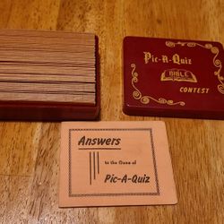 DICKSON'S PIC-A -QUIZ BIBLE CONTEST. PLASTIC CASE WITH NUMBERED CARDS INSIDE. QUESTIONS ABOUT RELIGION. SEPARATE BOOKLET WITH ANSWERS-BOOKLET.
