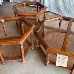 3 Pc Wood , Glass, Wicker Coffee Table And 2 Lamp Tables