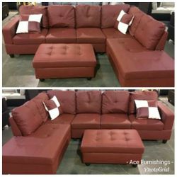 Brand New Red Leather Sectional With Storage Ottoman