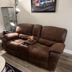 Brown Reclining Sofa w/ Center Console & Cup Holders