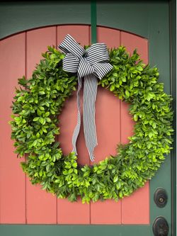 2 Boxwood Wreaths with Black & White Ribbon