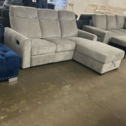 Black Friday Floor Model Sale! Grey Fabric Reclining Sofa Chaise With Storage 