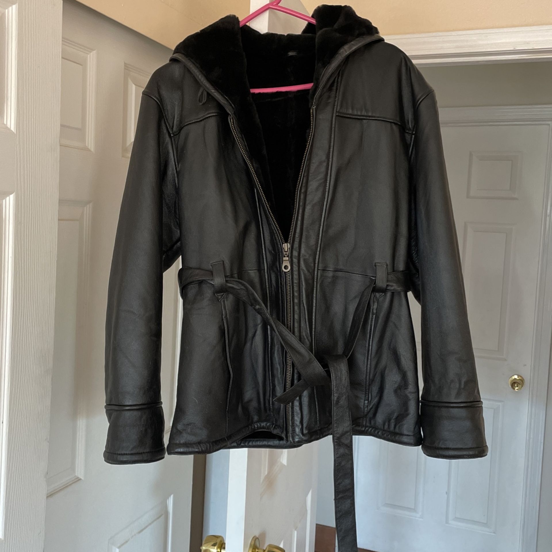 Black Leather Hooded/belted Jacket