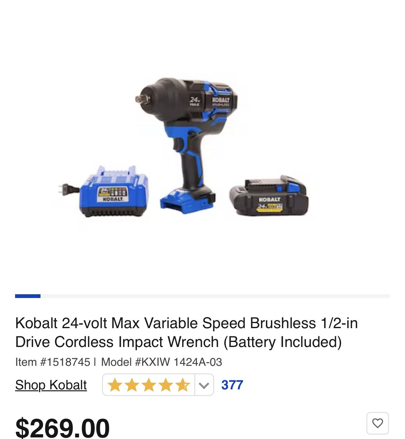1/2 Impact Wrench Kobalt 24v with Battery 