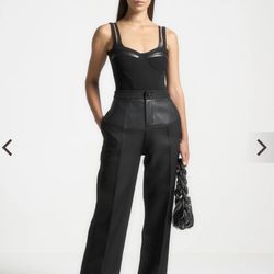 Maniere De Voir Twin Strap Black Ribbed Bodysuit Vegan Leather