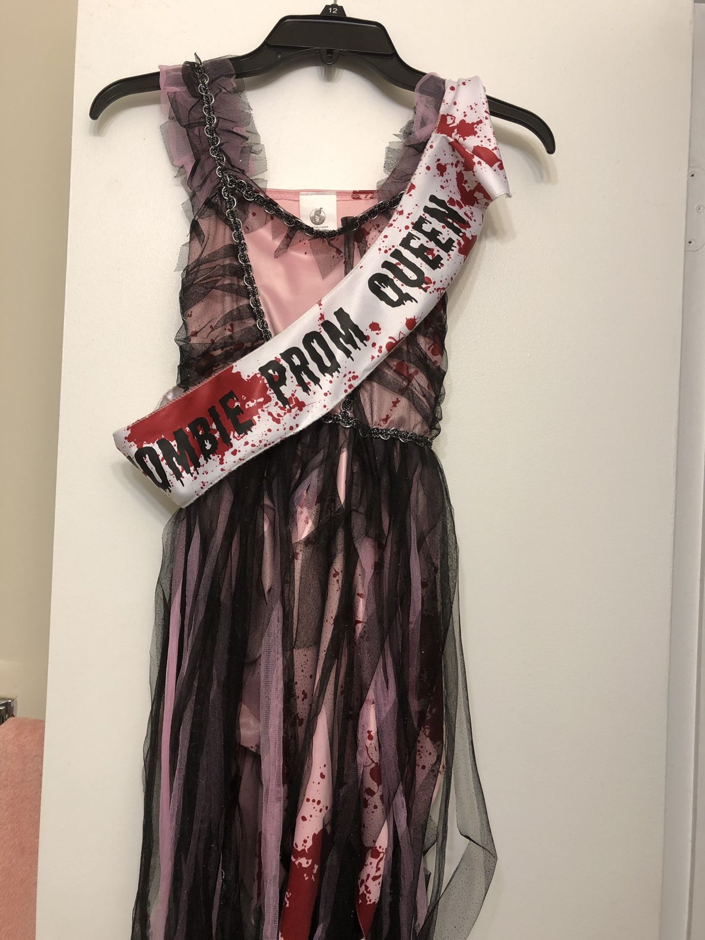 Zombie Prom Queen Costume with crown, corsage, and lace gloves, size Medium