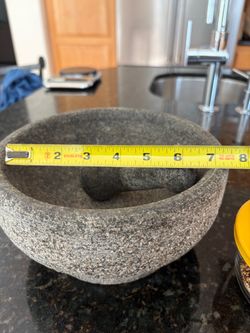 stone mortar and pestle large. 7" wide inside the bowl.