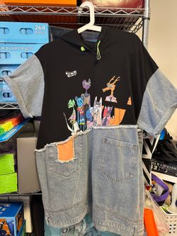 Cartoon Graphic Hoodie Dress with Denim Panel