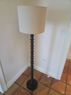 Modern Black Spindle Floor Lamp with Natural Linen Drum Shade