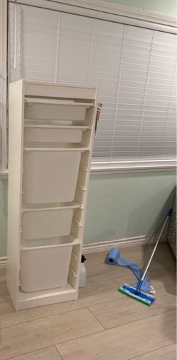 White Storage Unit with Plastic Bins