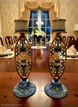 Matashi Handpainted Blue Flower And Star Of David Sabbath Candlestick Holders