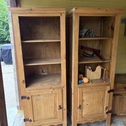 solid wood rustic lamp and 2 shelve stands/book cases