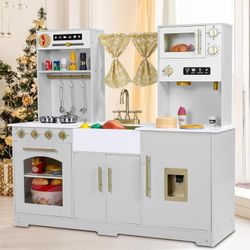 Pirecart Play Kitchen for Kids, Children Wooden Toy Kitchen Set w/ Lights and Sounds, Curtain, Utensils, Sink, Microwave, Gift for Boys Girls Age 3-10