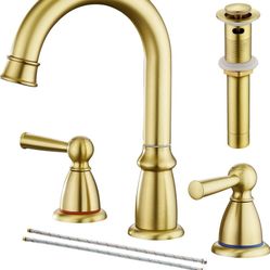 CREA Widespread Bathroom Faucet 3 Hole Brushed Gold Sink Faucet 8 inch with Pop Up Drain 