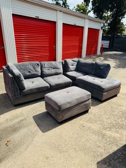Gray Velvet Sectional Sofa with Ottoman