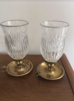 Antique brass , crystal candle holders