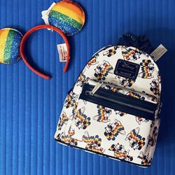 Loungefly Disney Mickey Mouse Rainbow Mini Backpack and Matching Ears Headband - NWT 