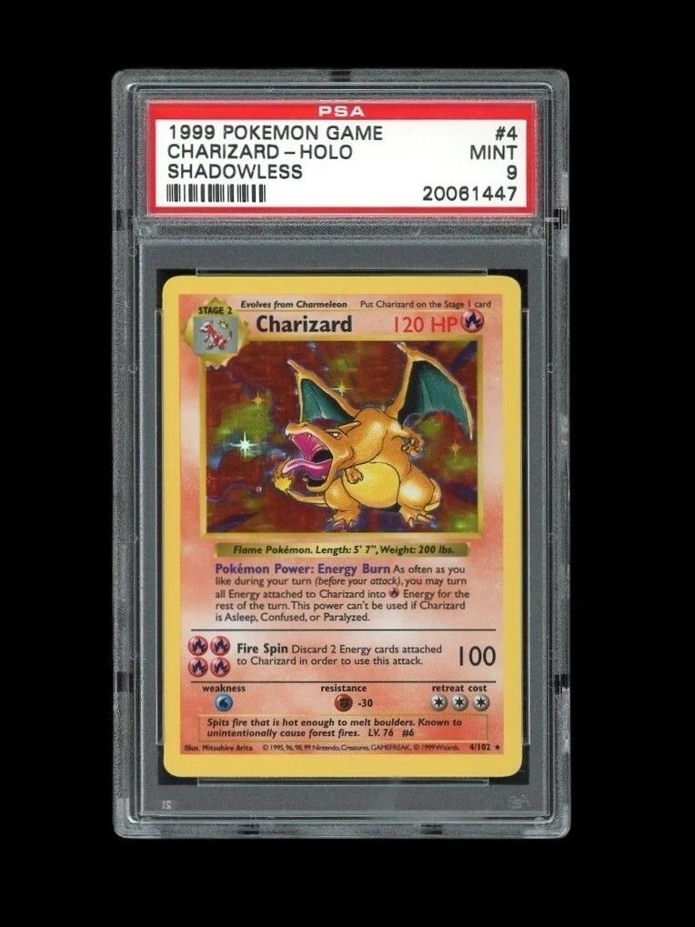 POKEMON PSA 9 MINT CHARIZARD SHADOWLESS BASE SET HOLO 1999 CARD 4/102