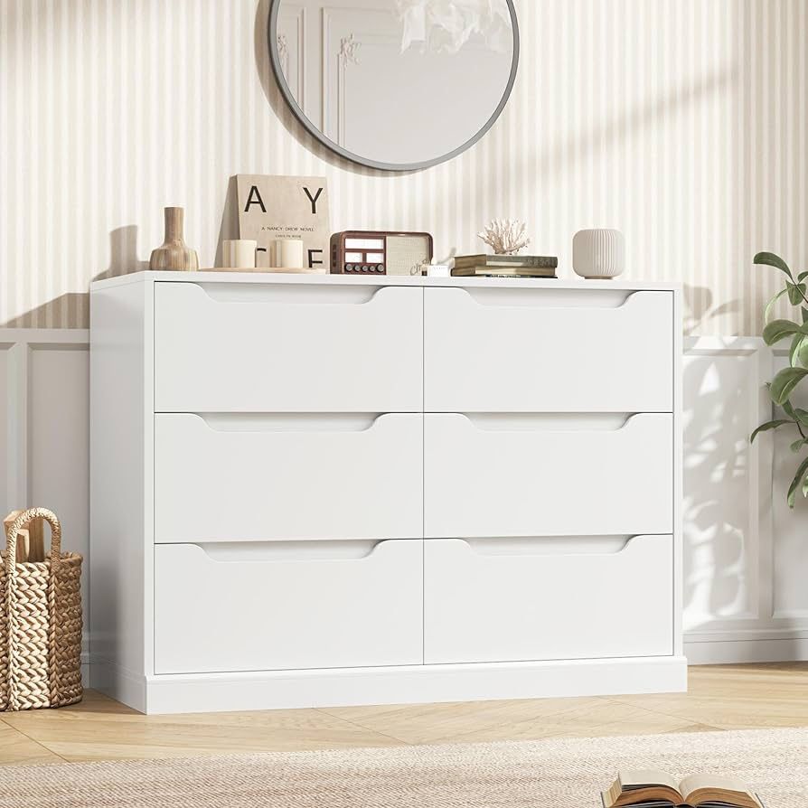Modern 6 Drawer Dresser for Bedroom, Double Chest of Drawers with Storage, Large Wooden Storage Dresser Organizer with Cut-Out Handles, Accent Storage