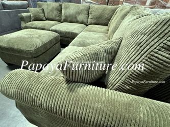 NEW Sage Green Soft Plush Fabric Corner L Shape Sectional Sofa and Ottoman Set Couch Ashley Style Designer Discount Furniture Warehouse BIG SALE 