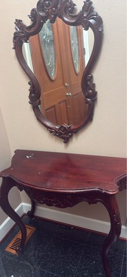 solid wood mahagoney console table with mirror set