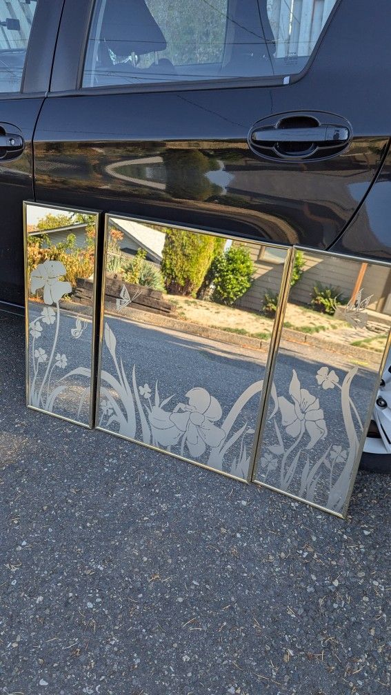 Vintage Postmodern 3 Mirror Set Etched Lily Hollywood Regency Golden Girls