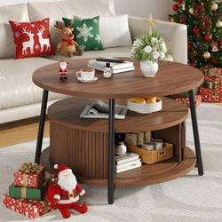 C02 $90  31.5" Round Fluted Coffee Table with Storage, 2-Tier Mid-Century Center, Dual Sl  Mid-Century Modern Coffee Table: 31.5-inch fluted design br